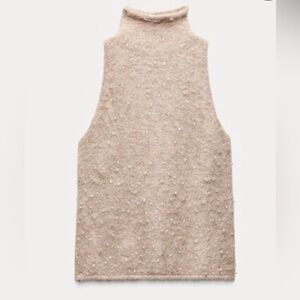 ZARA women Short sleeve turtle neck sweater with embellished beads.